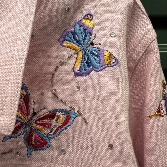 Quacker Factory Pink Linen Blend Embroidered Butterfly & Floral Jacket Sz Medium - Picture 3 of 11